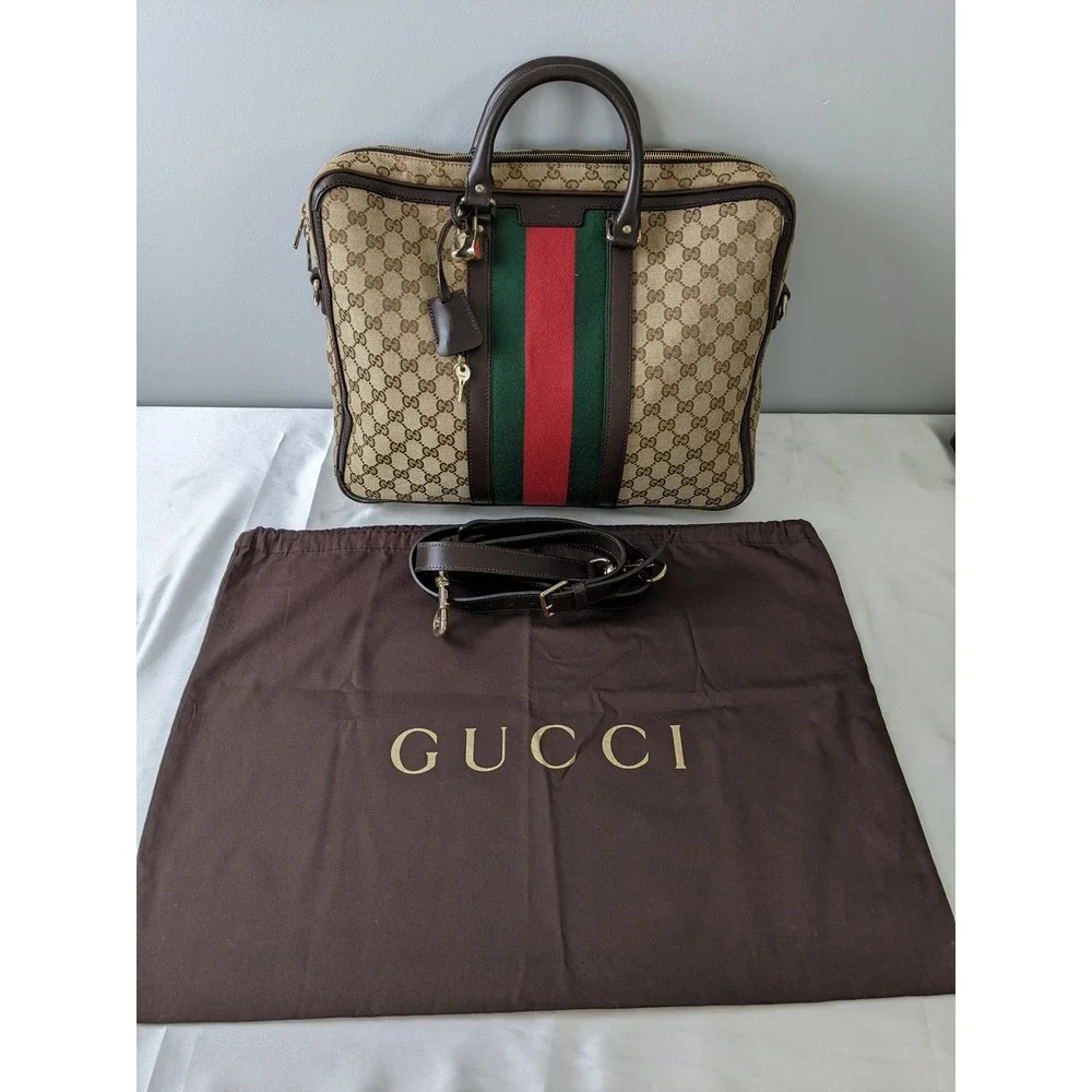 Gucci GG Canvas Web Stripe Briefcase Brown Leather Laptop Bag 246432 COA